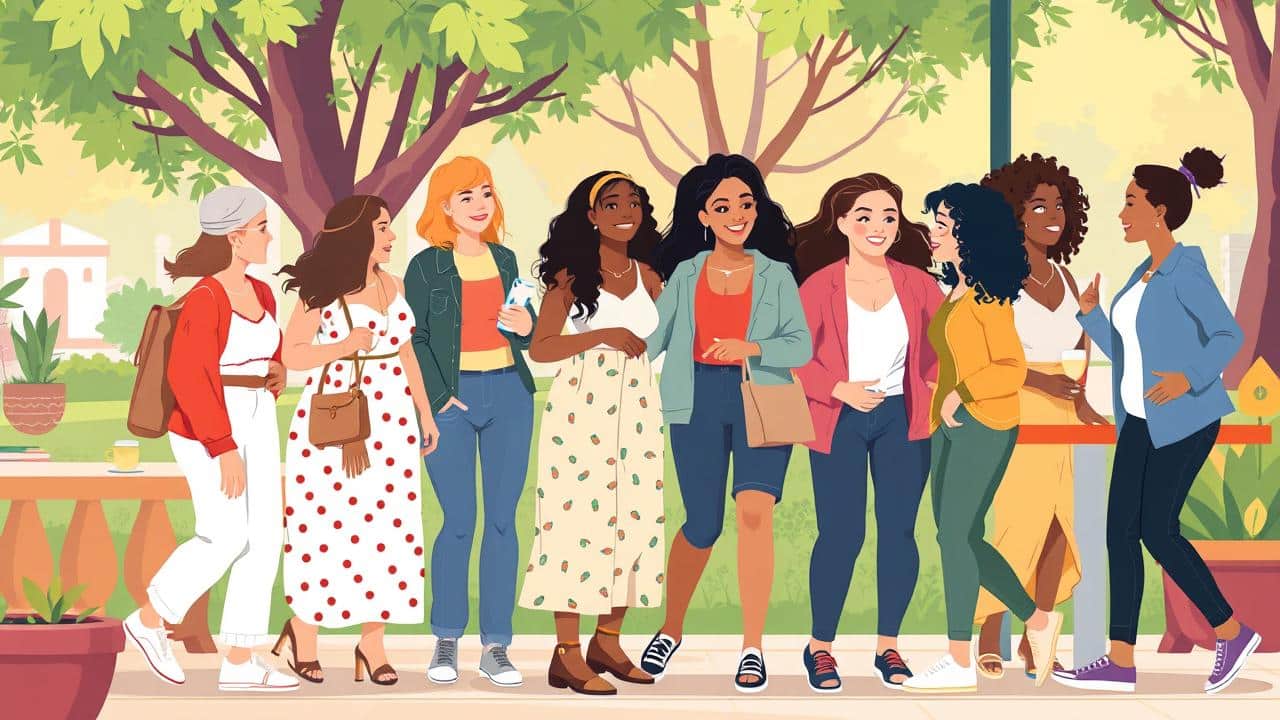 Ilustração de pessoas diversas interagindo positivamente, formando comunidade.