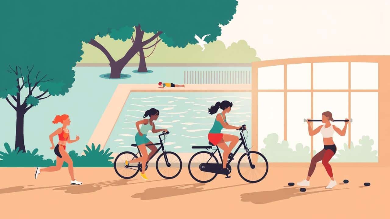 Ilustração de pessoas praticando diferentes exercícios físicos: caminhada, natação, ciclismo e levantamento de peso.