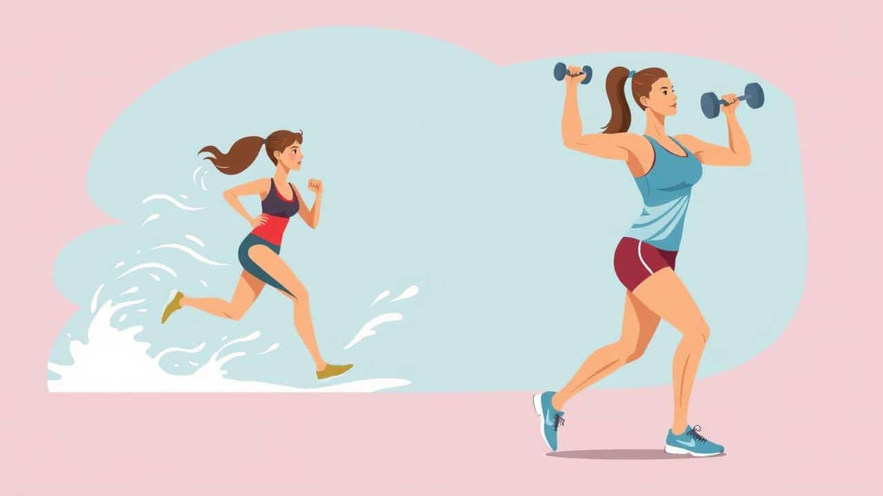 Pessoas praticando exercícios aeróbicos e musculação para saúde cardíaca.