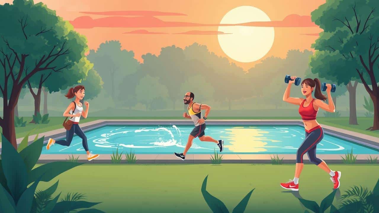 Ilustração de pessoas praticando exercícios físicos como caminhada, natação e musculação para saúde cardíaca.
