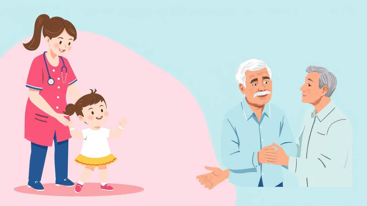 Ilustração de terapeutas ocupacionais oferecendo tratamento personalizado para criança, adulto e idoso, focando em suas diferentes necessidades.