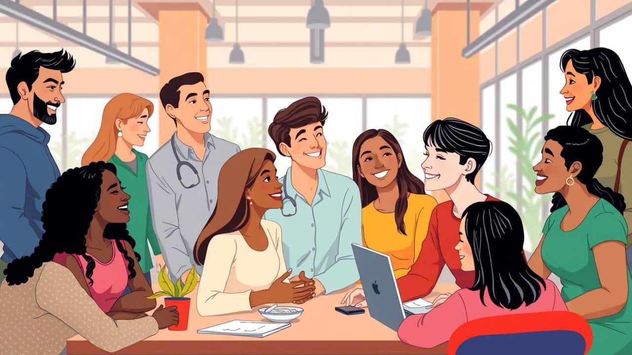 Ilustração de um ambiente de trabalho moderno e acolhedor, com pessoas diversas engajadas em atividades de bem-estar e colaboração.