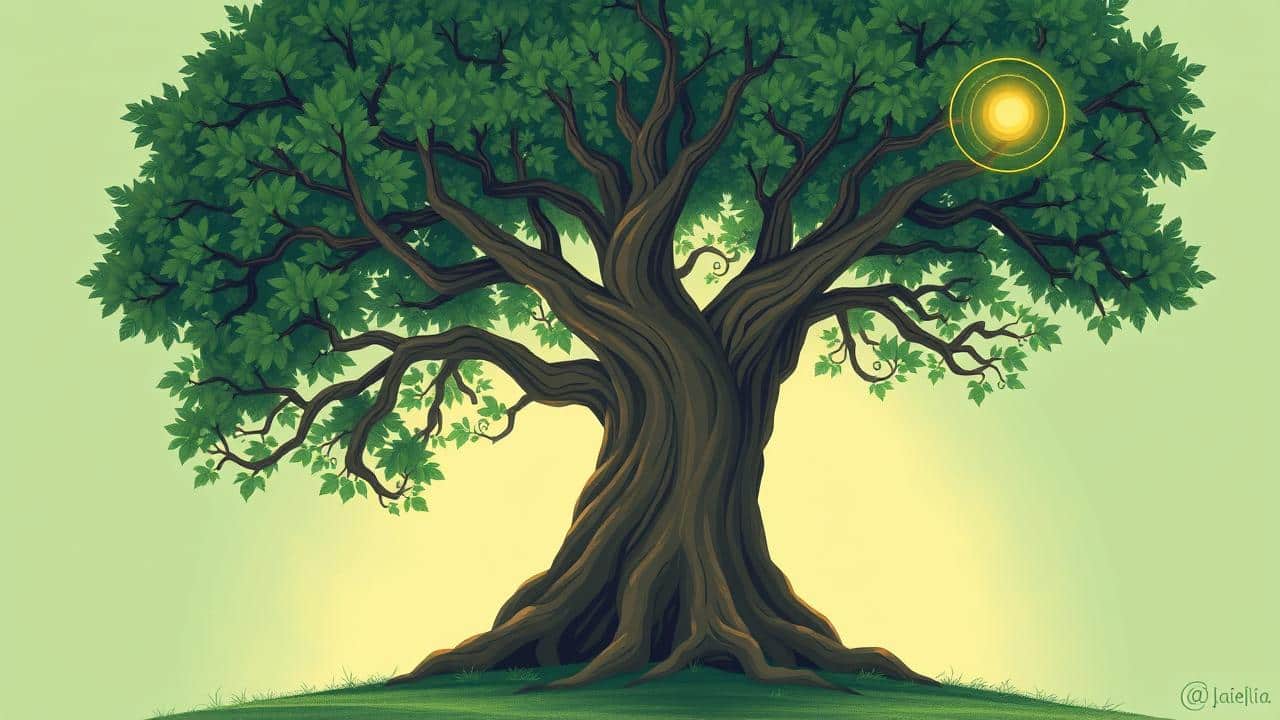 Ilustração de uma árvore robusta simbolizando longevidade, com elementos sutis de fé e espiritualidade.