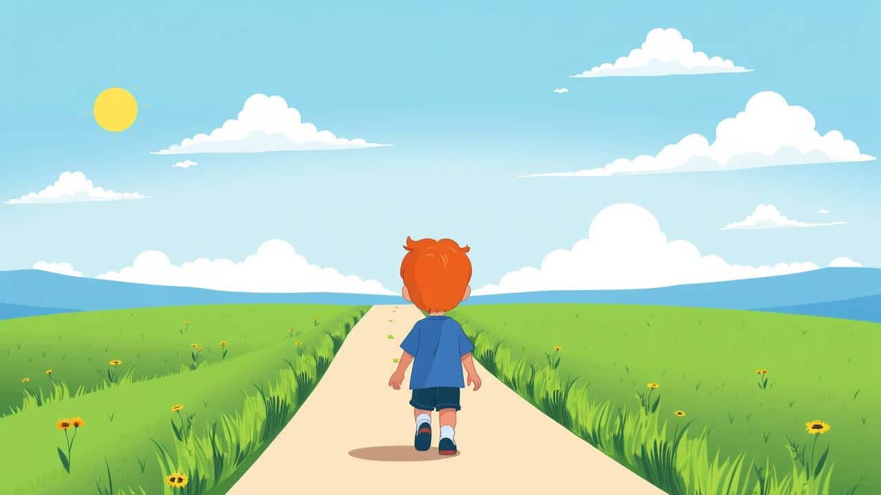 Ilustração de uma criança caminhando por um caminho claro e sinalizado, simbolizando a previsibilidade e redução da ansiedade.