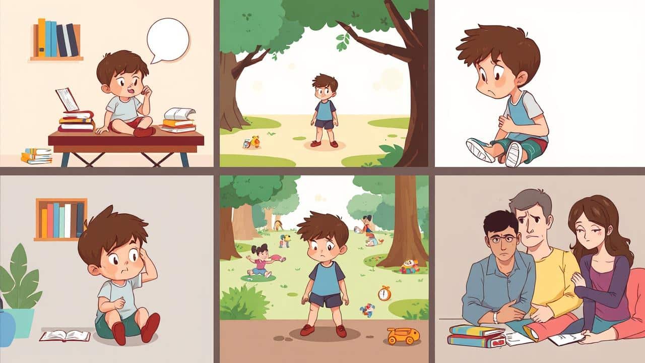 Ilustração de uma criança enfrentando desafios no desempenho acadêmico, interações sociais e ambiente familiar, refletindo impactos do TDAH e TOD.