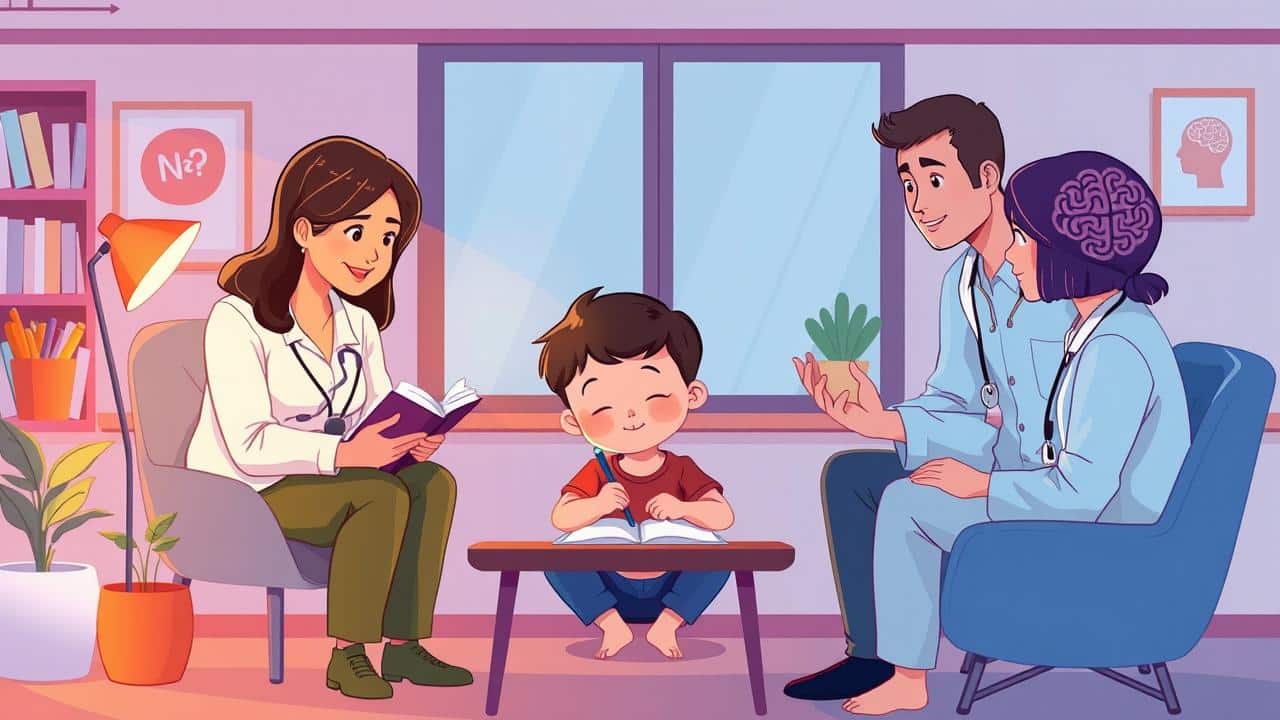Ilustração de uma equipe multiprofissional (psicólogo, psiquiatra, neuropsicólogo) colaborando com os pais para a avaliação diagnóstica de uma criança.
