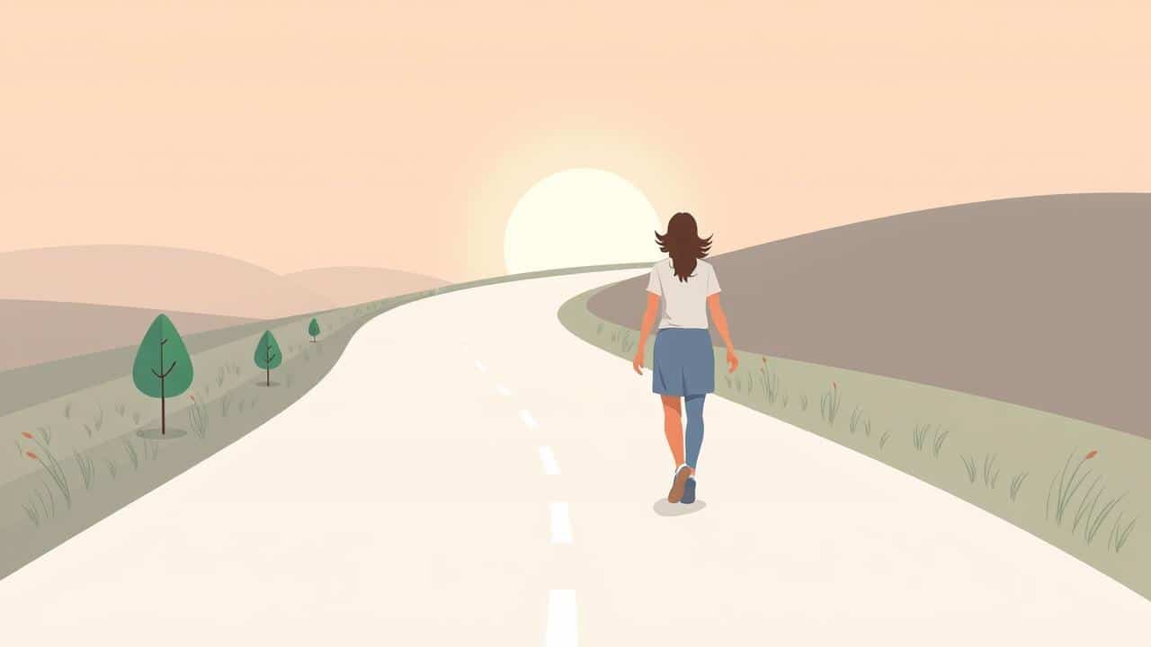 Ilustração de uma pessoa caminhando por um caminho claro e luminoso, simbolizando a jornada para o bem-estar integral.