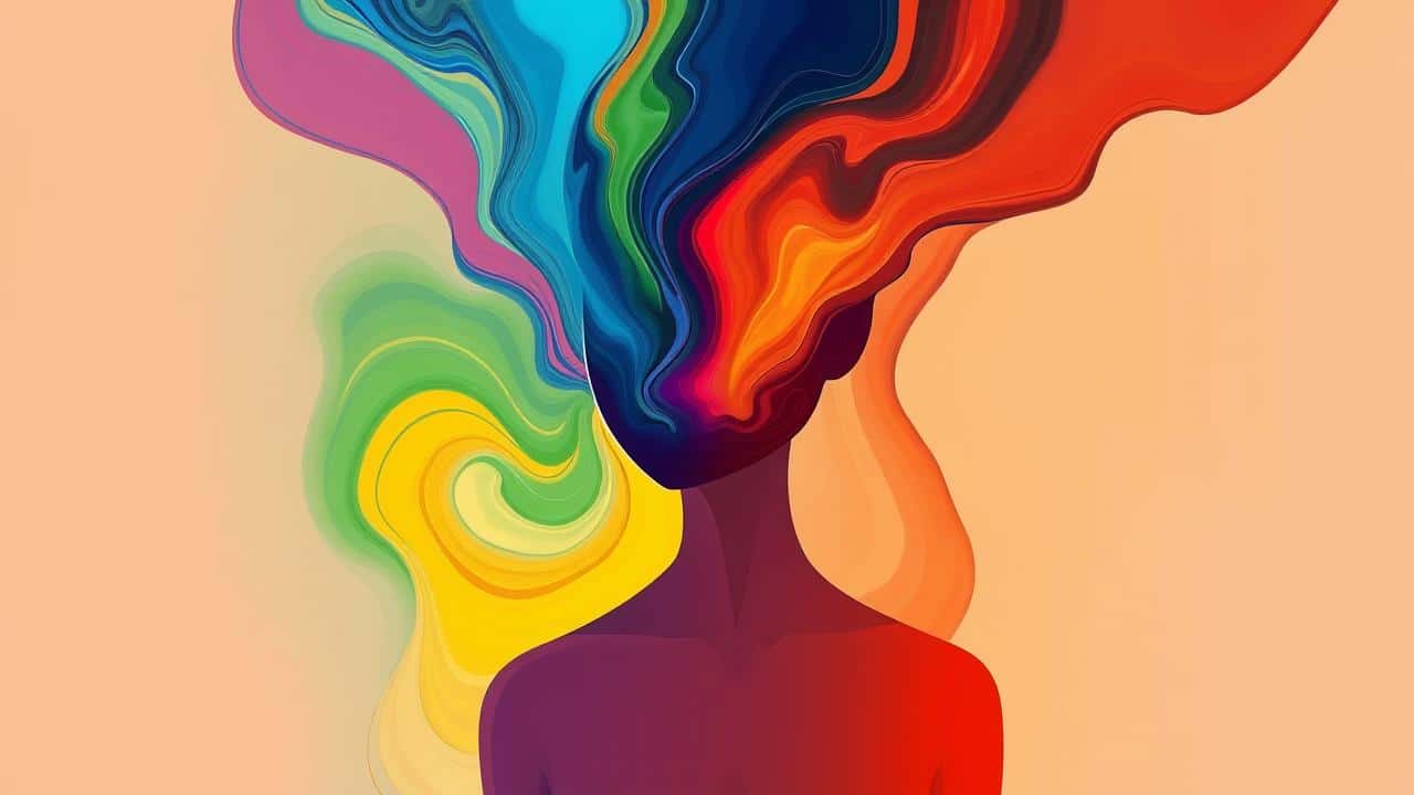 Ilustração de uma pessoa diante de um espelho refletindo um espectro de emoções humanas.
