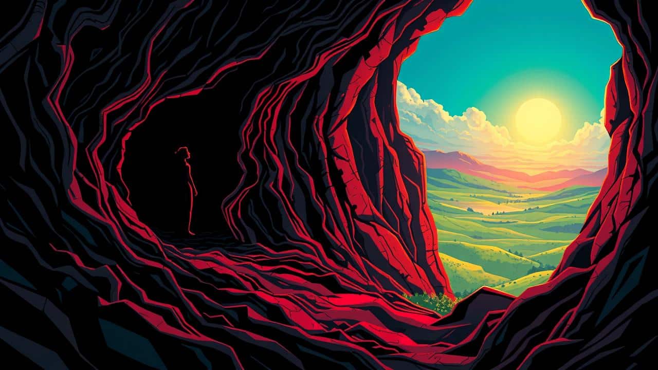 Ilustração de uma pessoa emergindo de um labirinto sombrio para uma paisagem clara e aberta, simbolizando transformação e superação.