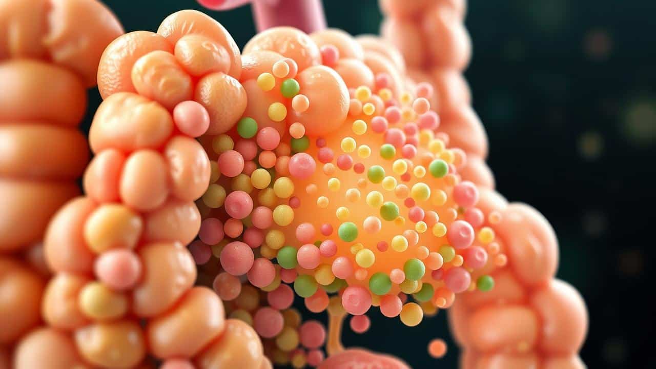 Ilustração detalhada de microbiota intestinal com bactérias probióticas coloridas e diversas.