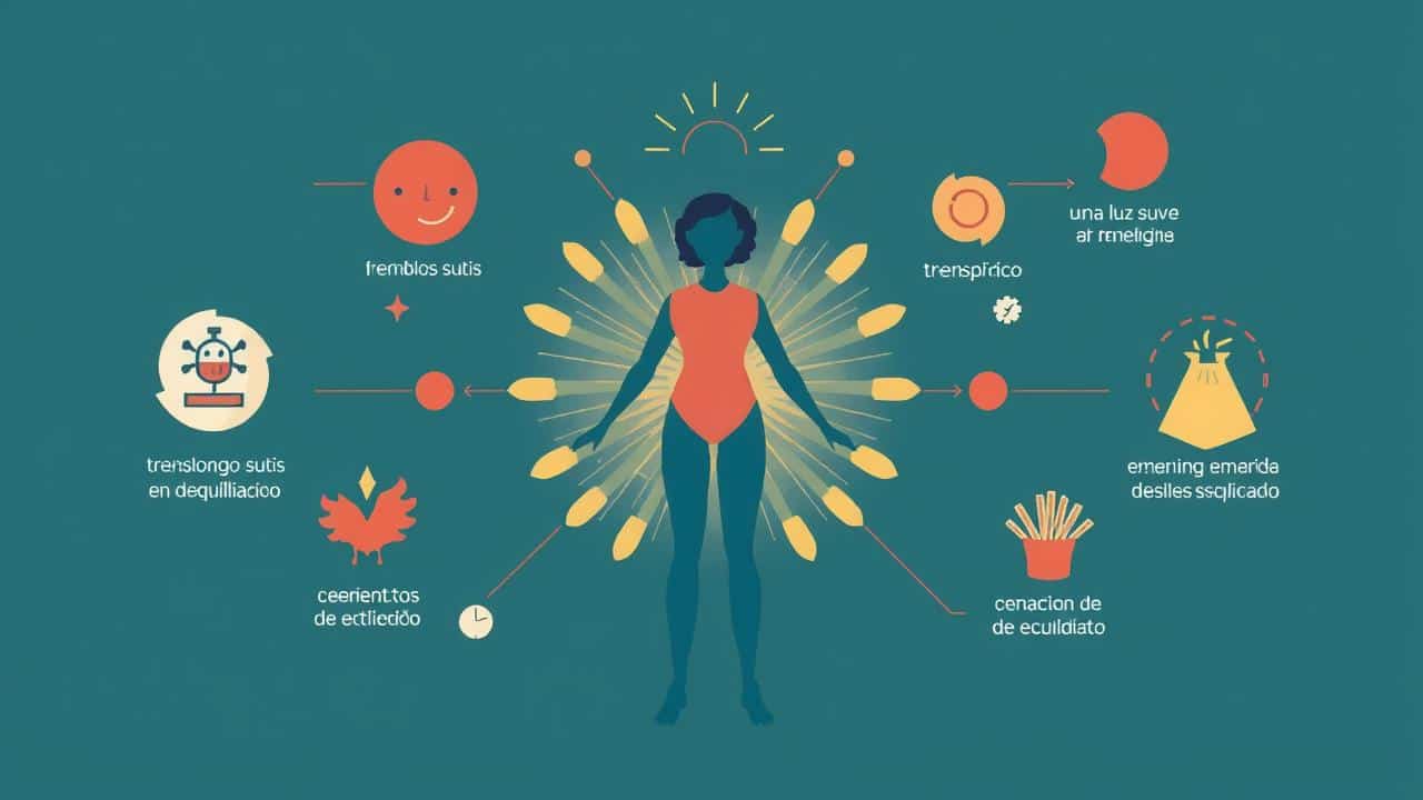 Ilustração digital de figura humana calma, rodeada por sistema imunológico em equilíbrio, com símbolos de tratamento e esperança.