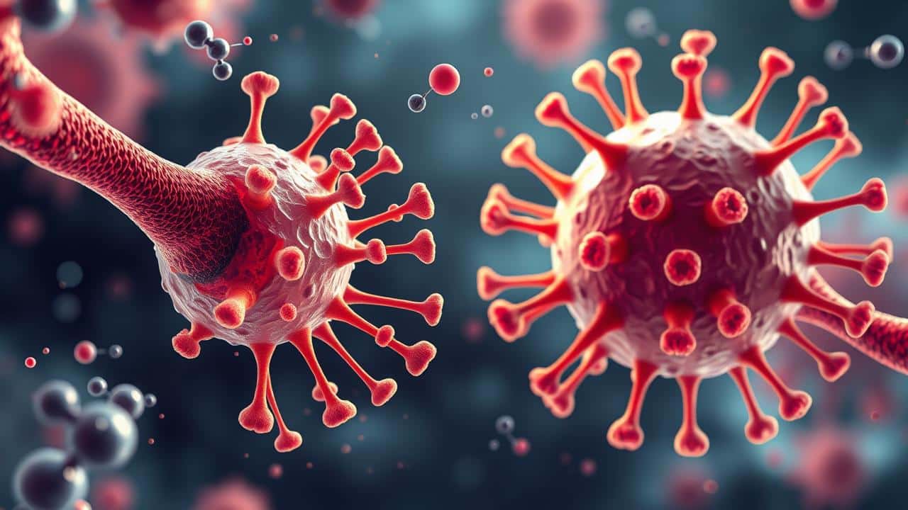 Ilustração dinâmica de células CAR-T modificadas combatendo células cancerosas em nível celular.