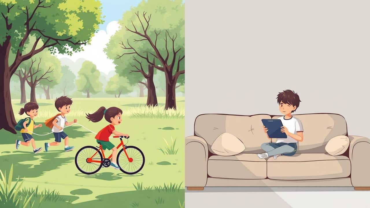 Ilustração dinâmica de crianças brincando ativamente ao ar livre e uma criança sedentária usando tela.