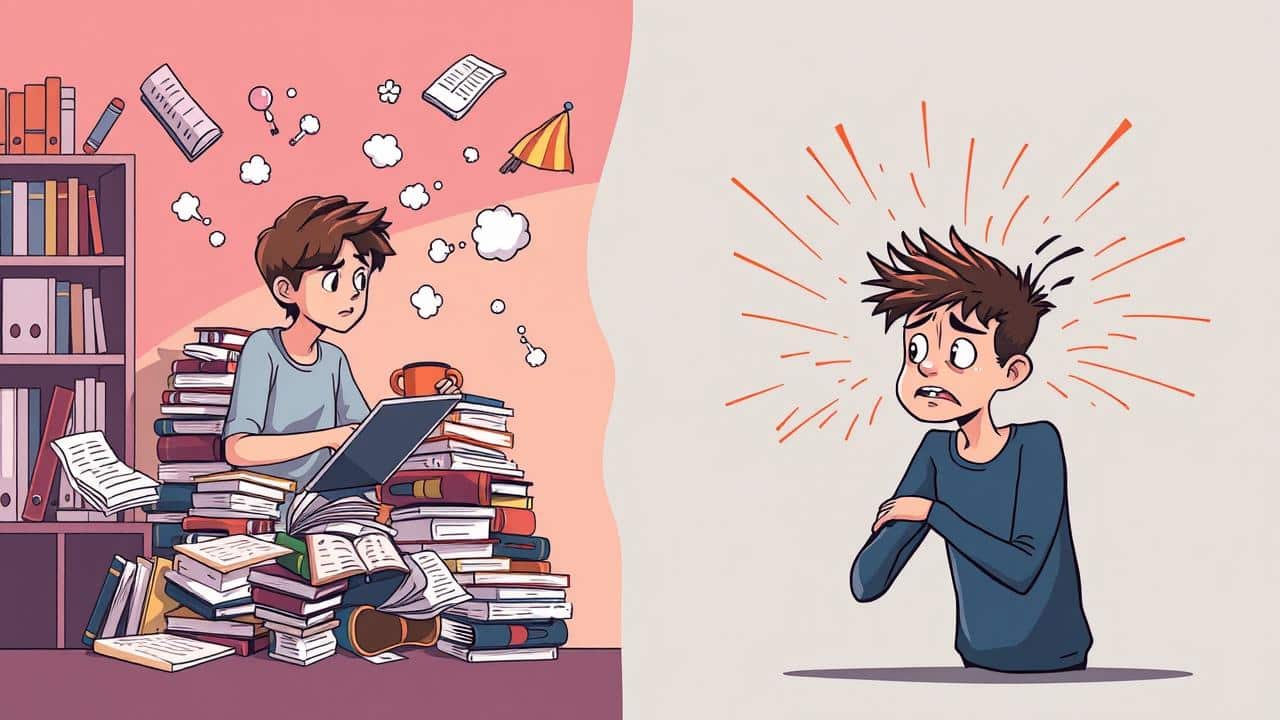 Ilustração dividida em duas partes: desatenção (pessoa distraída com pensamentos dispersos) e hiperatividade-impulsividade (pessoa inquieta com energia vibrante).
