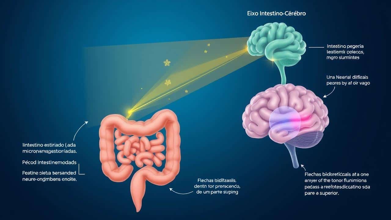 Infográfico detalhando a comunicação do Eixo Intestino-Cérebro, com microbiota produzindo neurotransmissores via nervo vago para o cérebro.