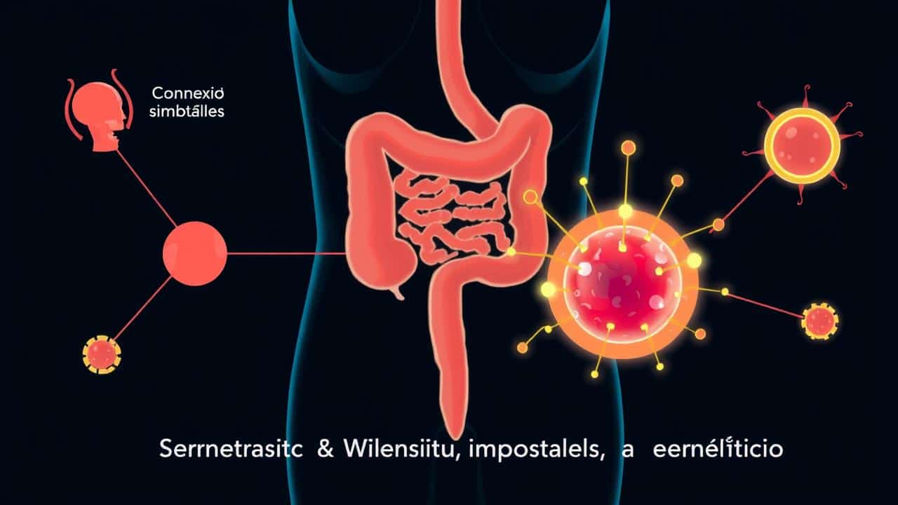 Ilustração em estilo infográfico mostrando a conexão entre um intestino saudável e um sistema imunológico forte.