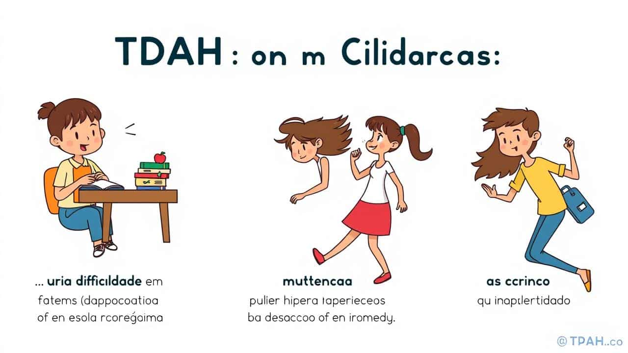 Ilustração infográfica clara e amigável sobre TDAH, mostrando cenas de desatenção, hiperatividade e impulsividade em crianças.