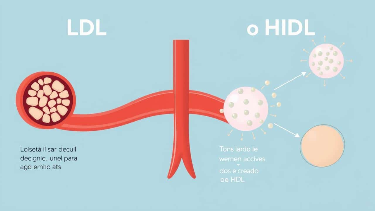 Infográfico comparando LDL ruim obstruindo artérias e HDL bom limpando-as.