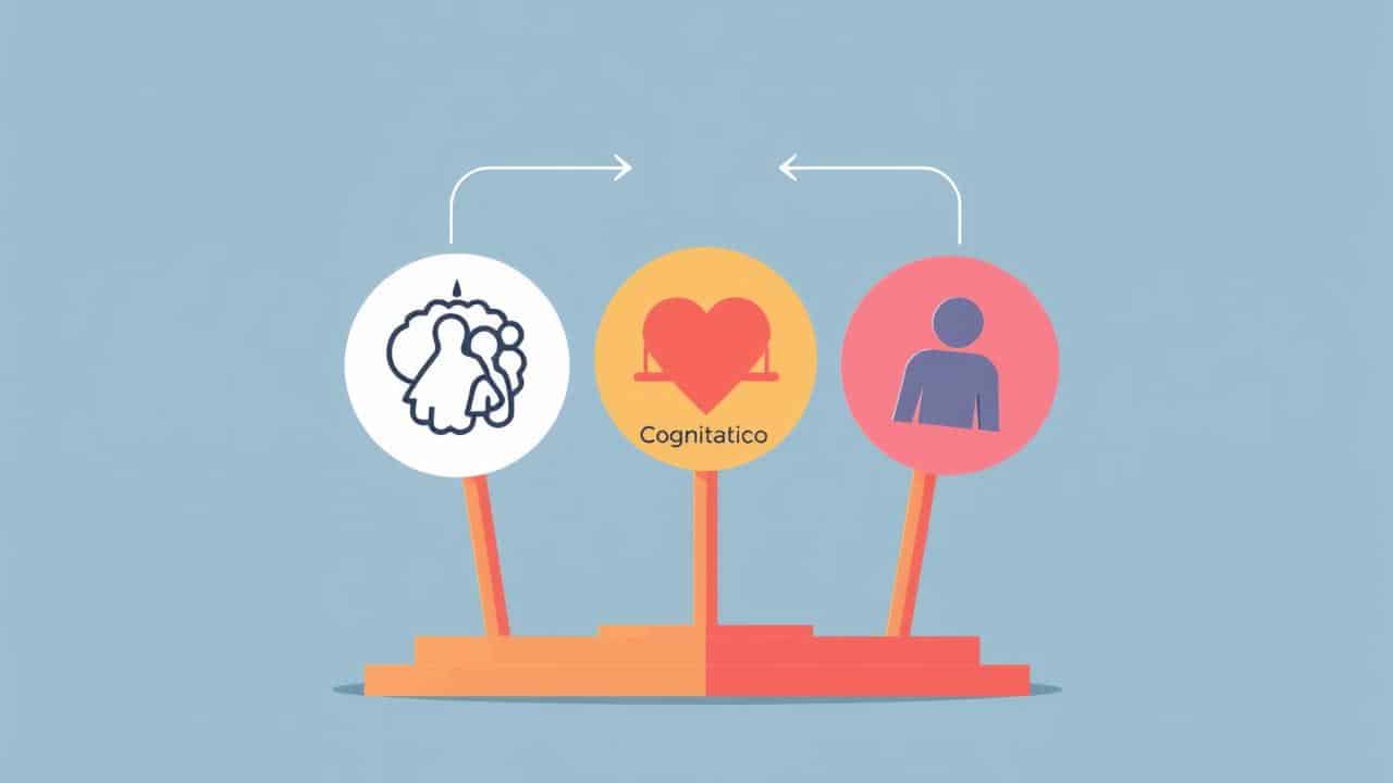 Ilustração infográfica moderna de três pilares interconectados: cognitivo, psicológico e social, com ícones abstratos.