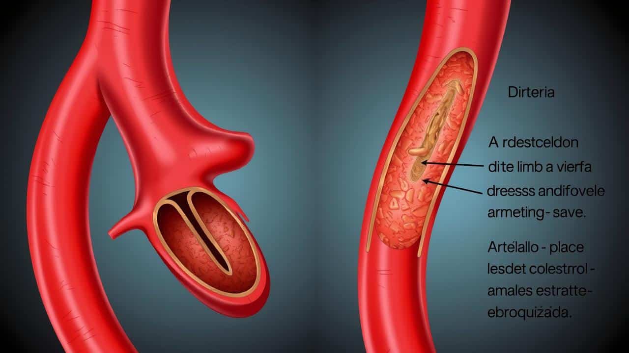 Ilustração médica comparando uma artéria saudável e uma artéria com acúmulo de placa de aterosclerose.