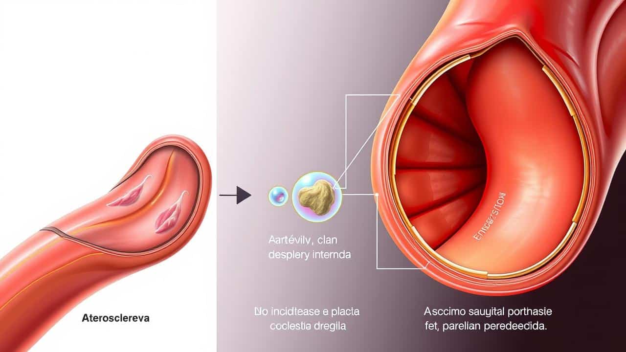 Ilustração médica da progressão da aterosclerose, mostrando artérias saudáveis e com acúmulo de placas.