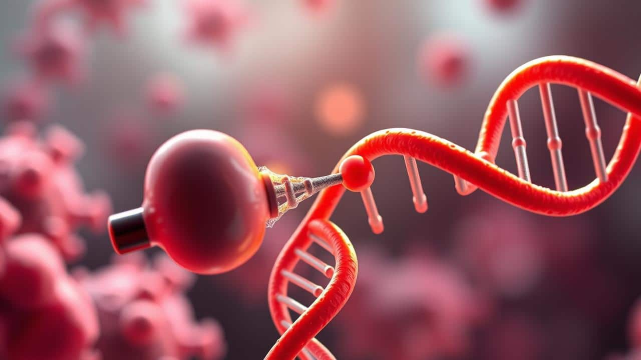 Ilustração macroscópica de molécula de Ciclofosfamida ligando-se ao DNA de célula, inibindo replicação.