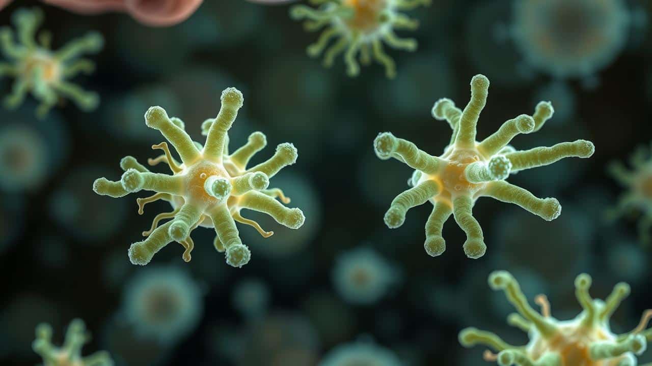 Ilustração microscópica de bactérias Lactobacillus e Bifidobacterium em equilíbrio no intestino.