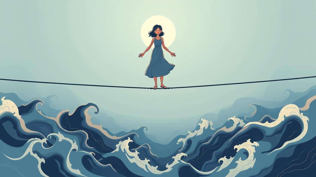 Ilustração minimalista de uma pessoa em equilíbrio sobre um abismo caótico, simbolizando a gestão de estresse e ansiedade.