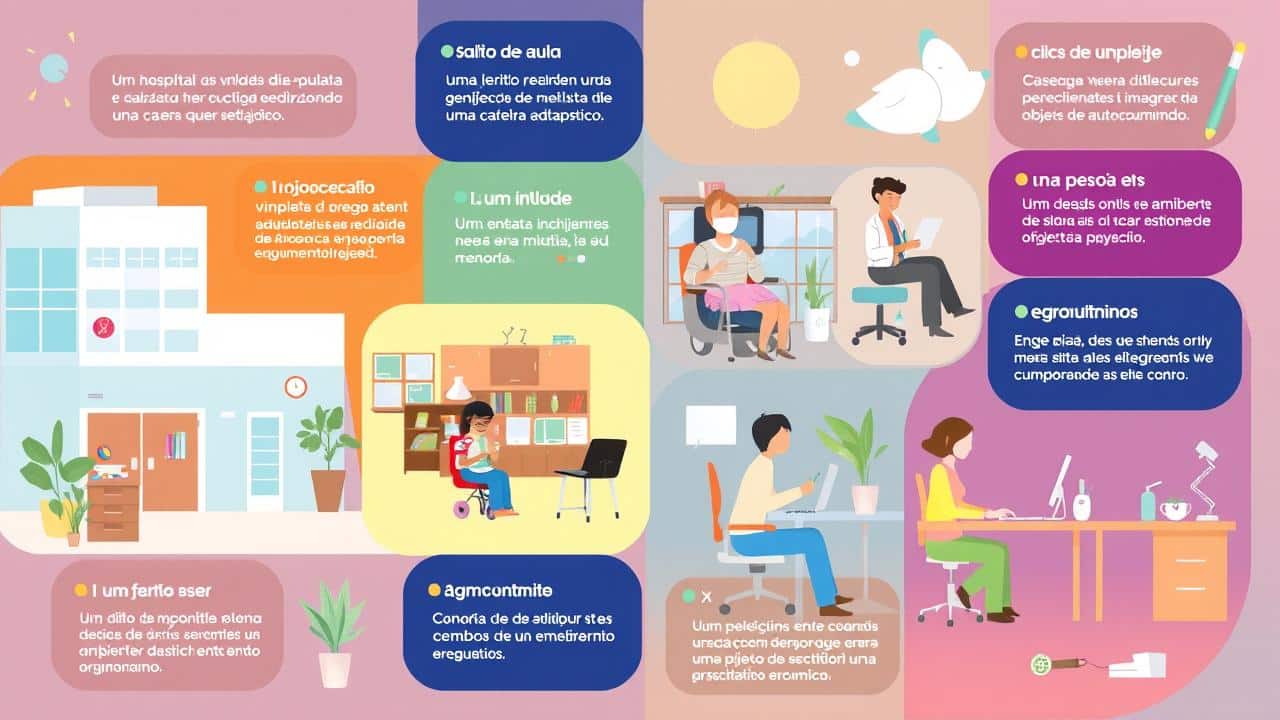 Ilustração multifacetada com ícones representando a atuação da Terapia Ocupacional em hospitais, escolas, lares e empresas.