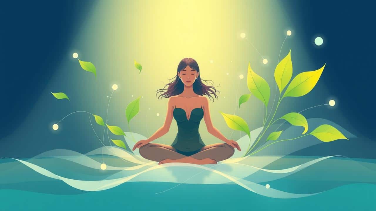 Ilustração serena de uma pessoa equilibrada rodeada por símbolos abstratos de harmonia e bem-estar mental.