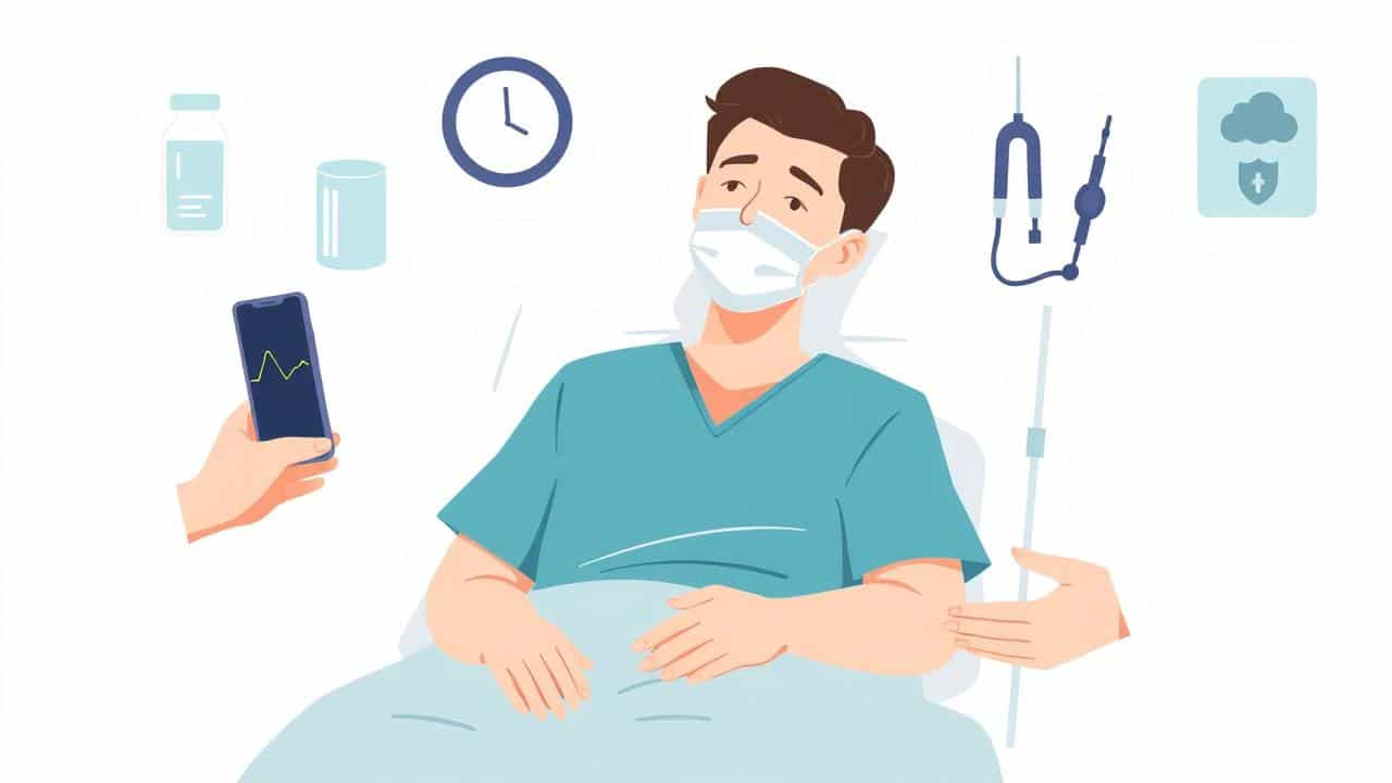 Ilustração suave de paciente sendo monitorado, com símbolos de hidratação, monitoramento e cuidado médico.