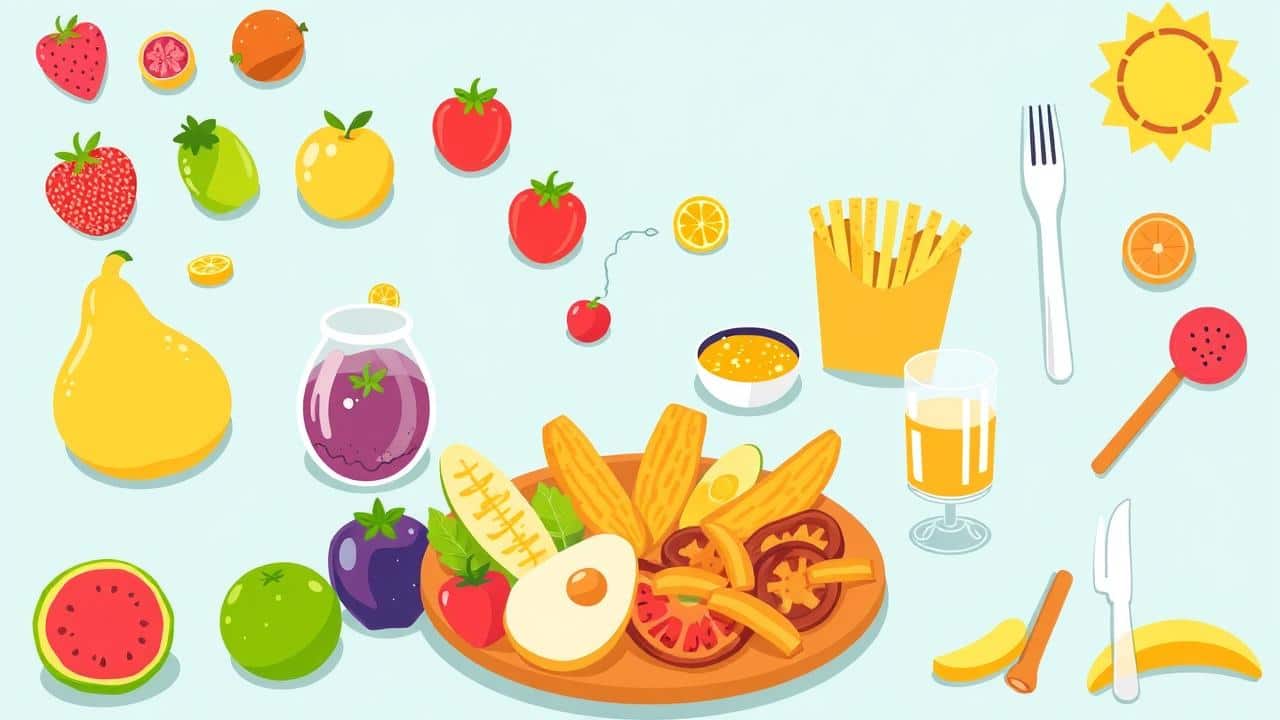 Ilustração vibrante de alimentos saudáveis (frutas, vegetais) contrastando com alimentos não saudáveis (fast-food) para crianças.