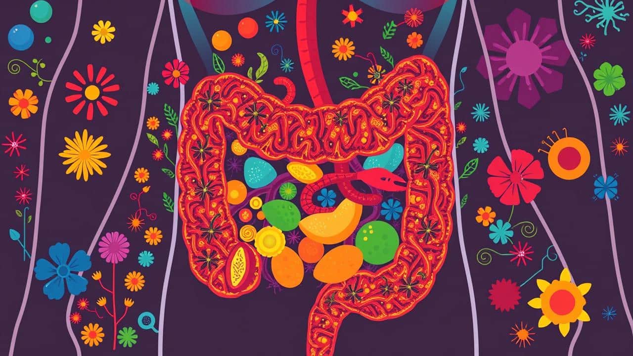 Intestino saudável e microrganismos diversos em equilíbrio.