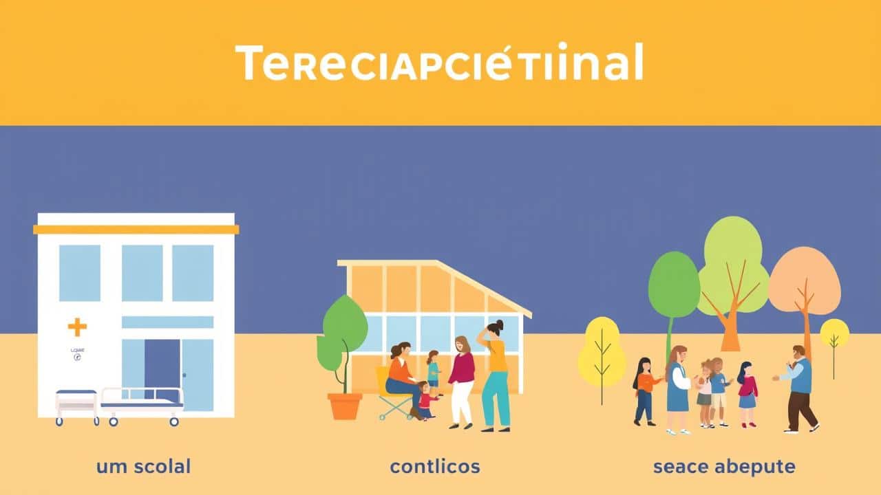 Ilustração visual das áreas de atuação do terapeuta ocupacional: hospital, escola, clínica e comunidade, representadas por ícones.