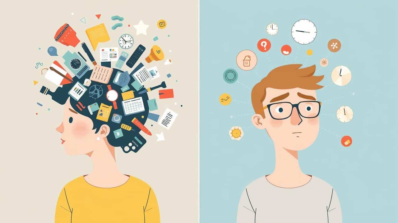 Ilustração visual do contraste entre a mente sobrecarregada e a organização para adultos com TDAH.