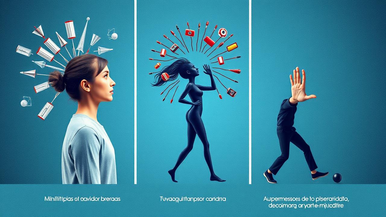 Ilustração visual dos sintomas de desatenção, hiperatividade e impulsividade em adultos.