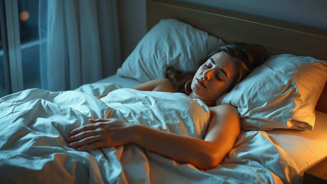 Imagem serena de pessoa dormindo em quarto tranquilo, simbolizando renovação.