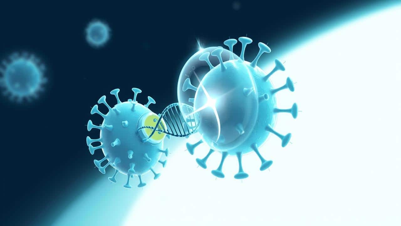 Infográfico detalhado de um vetor viral entregando material genético para o núcleo de uma célula.