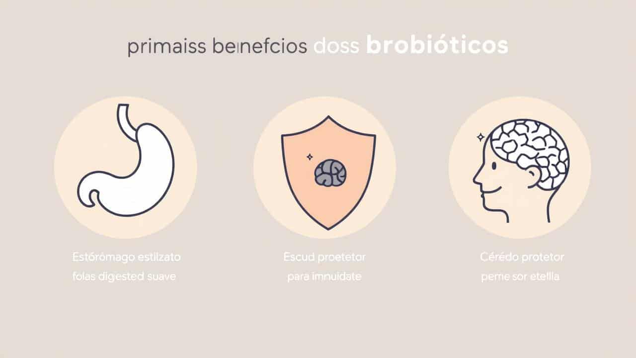 Infográfico minimalista dos benefícios dos probióticos: digestão, imunidade e bem-estar mental.