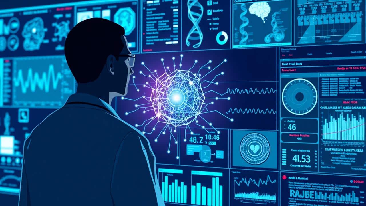 Inteligência Artificial analisando dados médicos complexos em um painel futurista para acelerar o diagnóstico.
