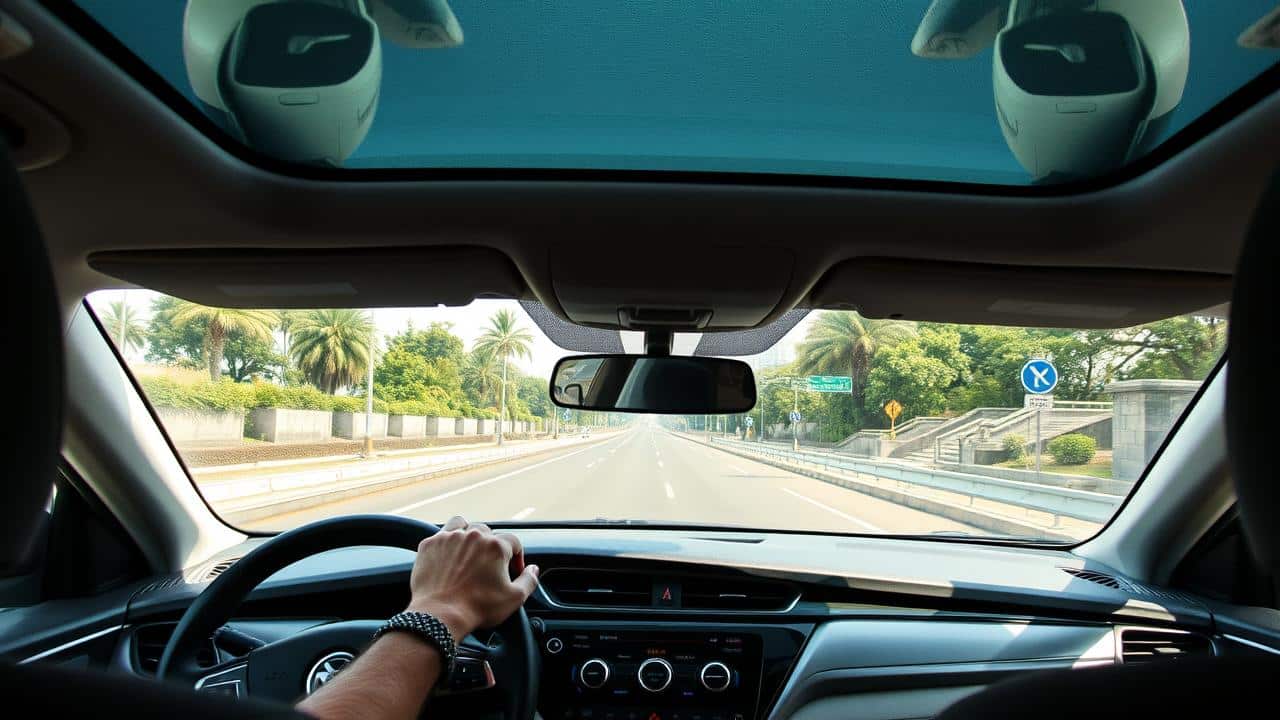 Interior de carro organizado, com celular guardado, para direção segura com TDAH.