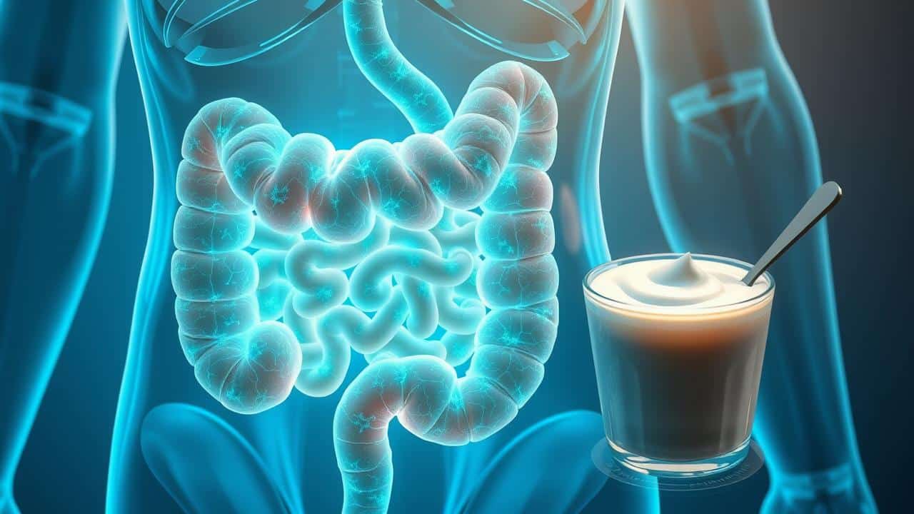 Intestino humano saudável com microbiota brilhante e pote de iogurte natural.