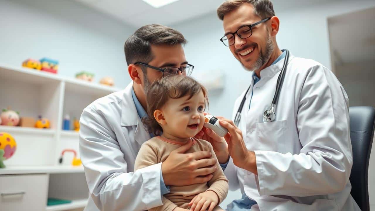 Médico pediatra examinando uma criança em consultório, simbolizando a importância do diagnóstico precoce.