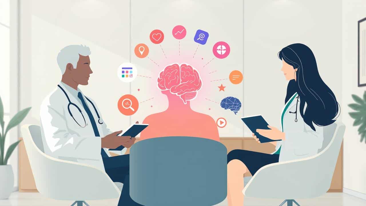 Médicos e psicólogos avaliando um indivíduo para aptidão de CNH, com elementos cognitivos.