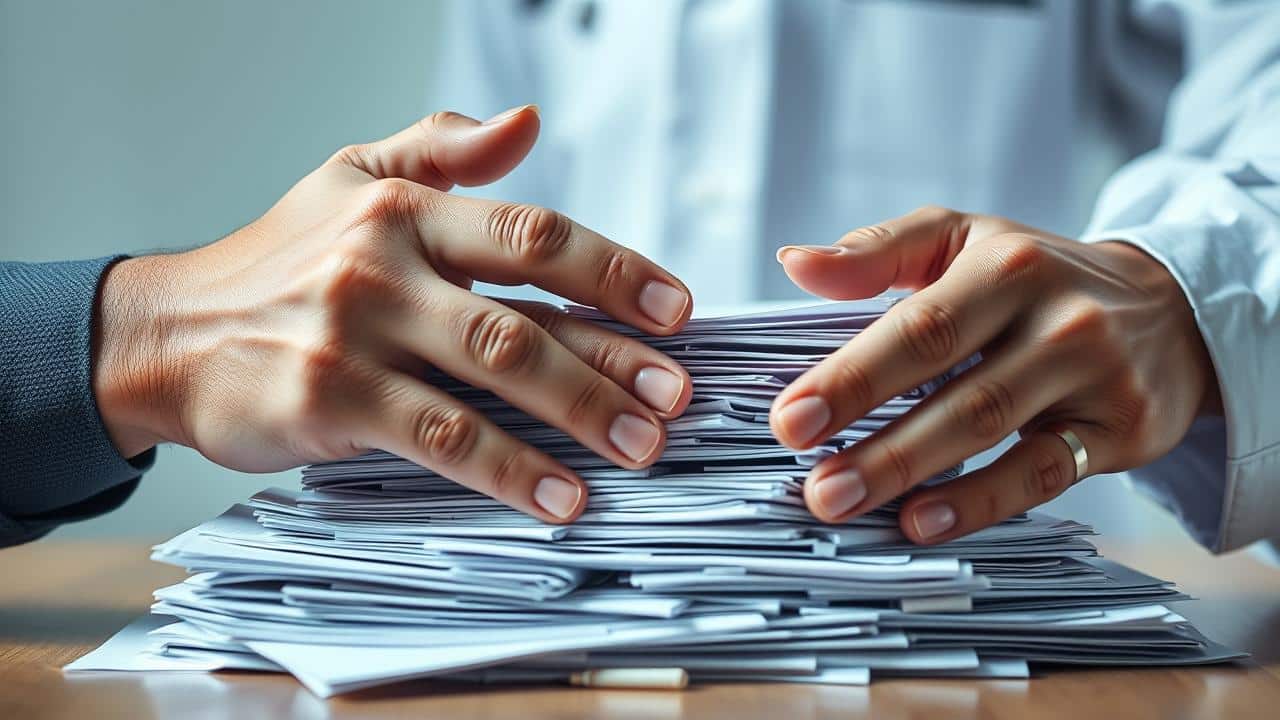 Mãos segurando e examinando documentos médicos, simbolizando a avaliação da incapacidade laboral.