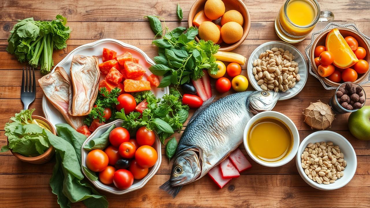 Mesa com alimentos saudáveis: peixe, vegetais, frutas, nozes, azeite e grãos integrais.
