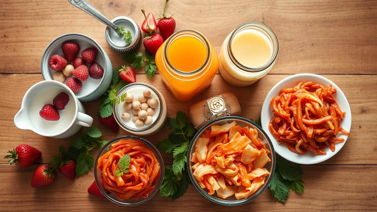 Mesa com diversos alimentos fermentados como iogurte, kefir, kombucha, chucrute e kimchi.