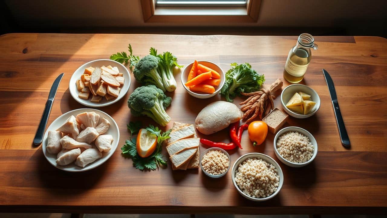 Mesa com ingredientes saudáveis organizados por categoria: proteínas magras, vegetais frescos, carboidratos complexos e gorduras saudáveis.