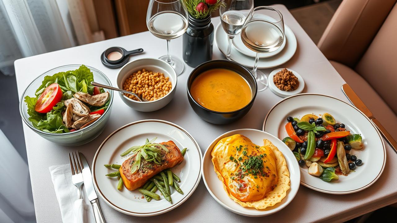 Pratos variados de jantares leves e nutritivos: salada, sopa, peixe grelhado e omelete.