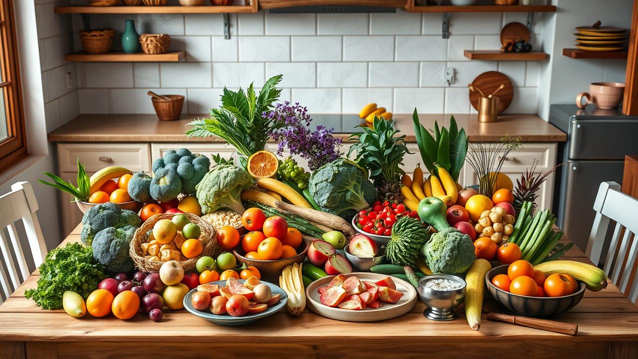 Mesa farta com uma variedade de alimentos saudáveis em destaque, com opções não saudáveis sutilmente ao fundo, simbolizando escolhas dietéticas.